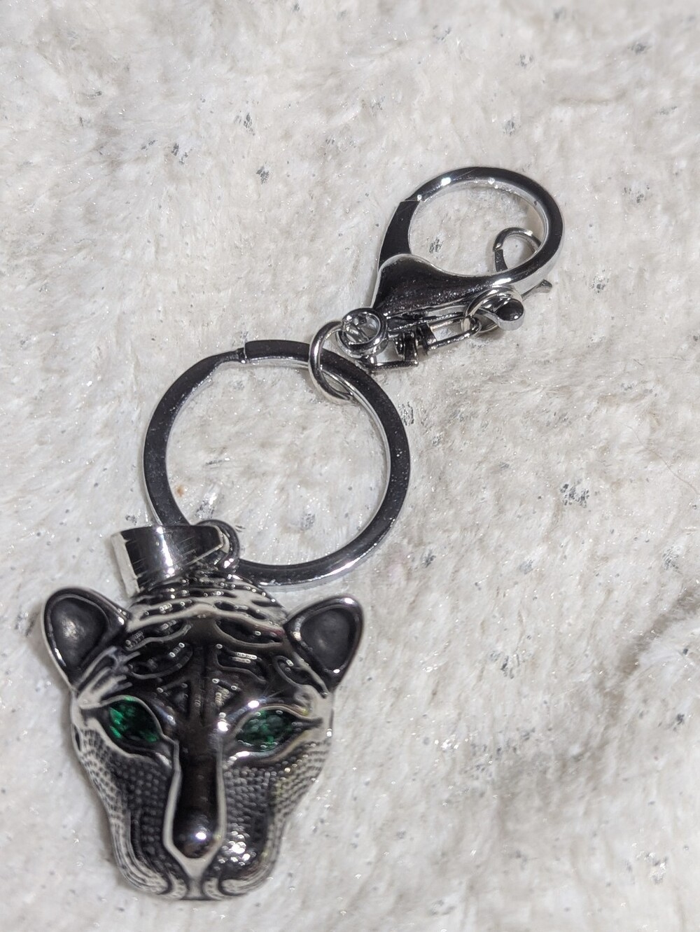 Gothic Panther Head Keychain Silver Tone Green Eyes Big Cat Bag Charm
